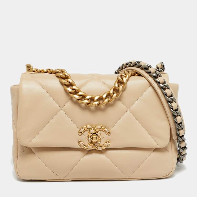 Pre Owned Chanel 19 Small Beige Quilted Leather Flap Bag