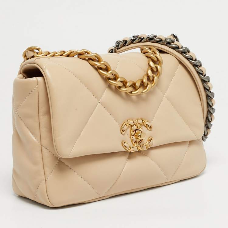 Pre Owned Chanel 19 Small Beige Quilted Leather Flap Bag