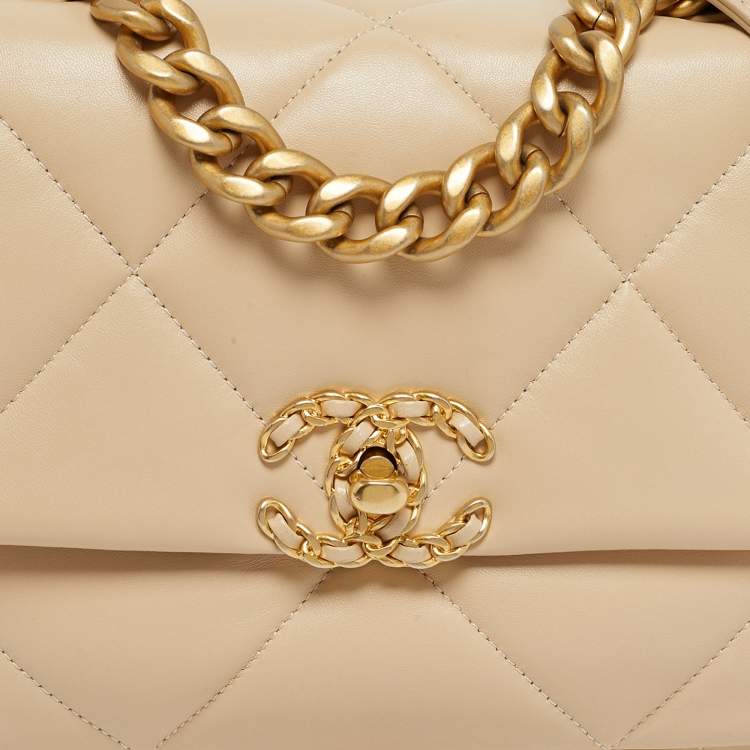 Pre Owned Chanel 19 Small Beige Quilted Leather Flap Bag