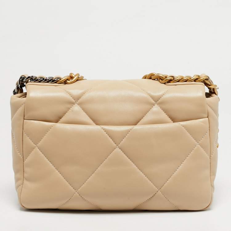 Pre Owned Chanel 19 Small Beige Quilted Leather Flap Bag