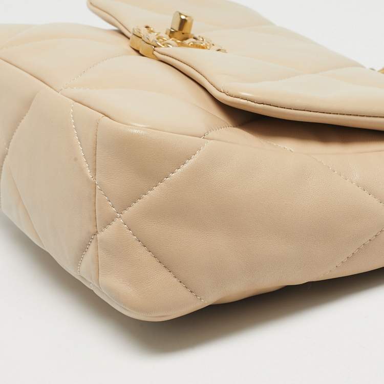 Pre Owned Chanel 19 Small Beige Quilted Leather Flap Bag