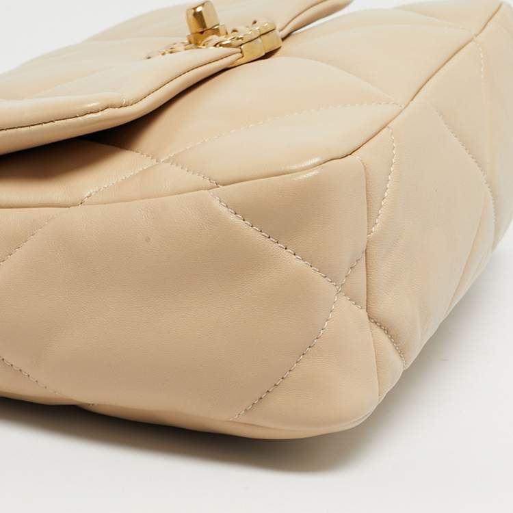 Pre Owned Chanel 19 Small Beige Quilted Leather Flap Bag
