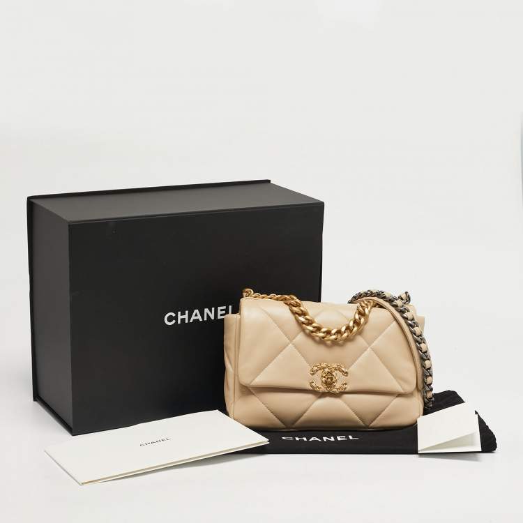 Pre Owned Chanel 19 Small Beige Quilted Leather Flap Bag