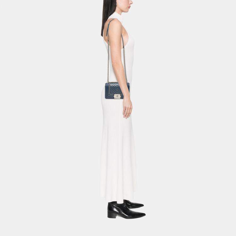 Pre Owned Chanel Navy Blue Small Chevron Aged Calfskin Jacket Boy Flap