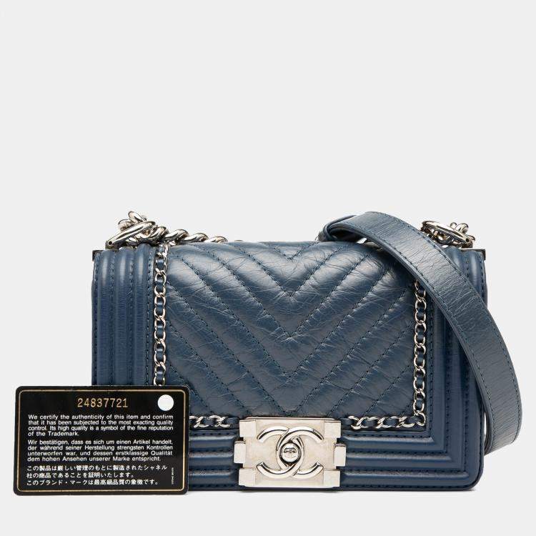 Pre Owned Chanel Navy Blue Small Chevron Aged Calfskin Jacket Boy Flap