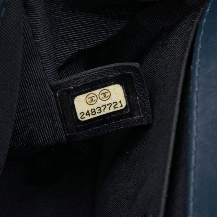 Pre Owned Chanel Navy Blue Small Chevron Aged Calfskin Jacket Boy Flap