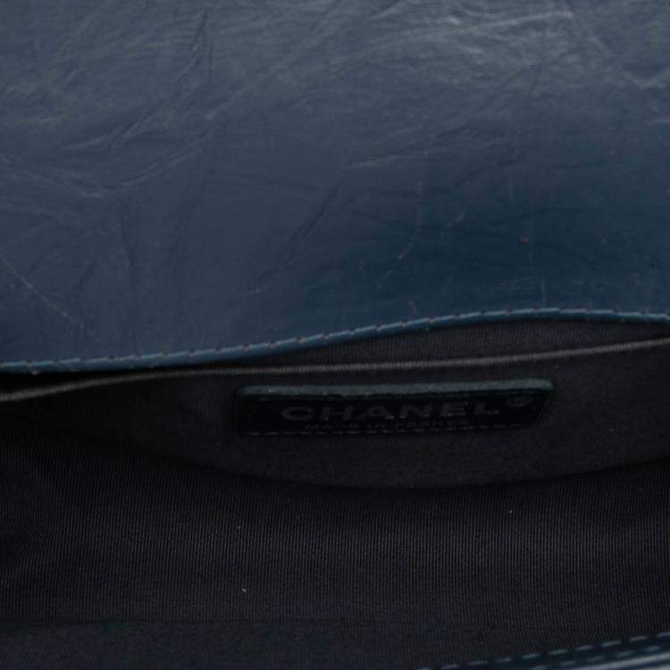 Pre Owned Chanel Navy Blue Small Chevron Aged Calfskin Jacket Boy Flap