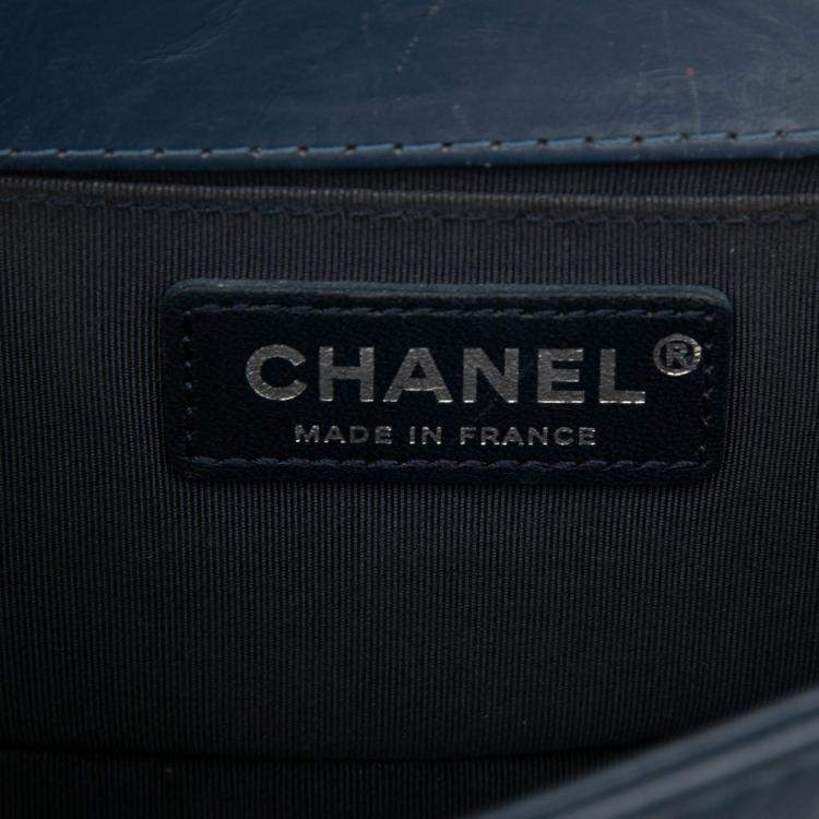 Pre Owned Chanel Navy Blue Small Chevron Aged Calfskin Jacket Boy Flap