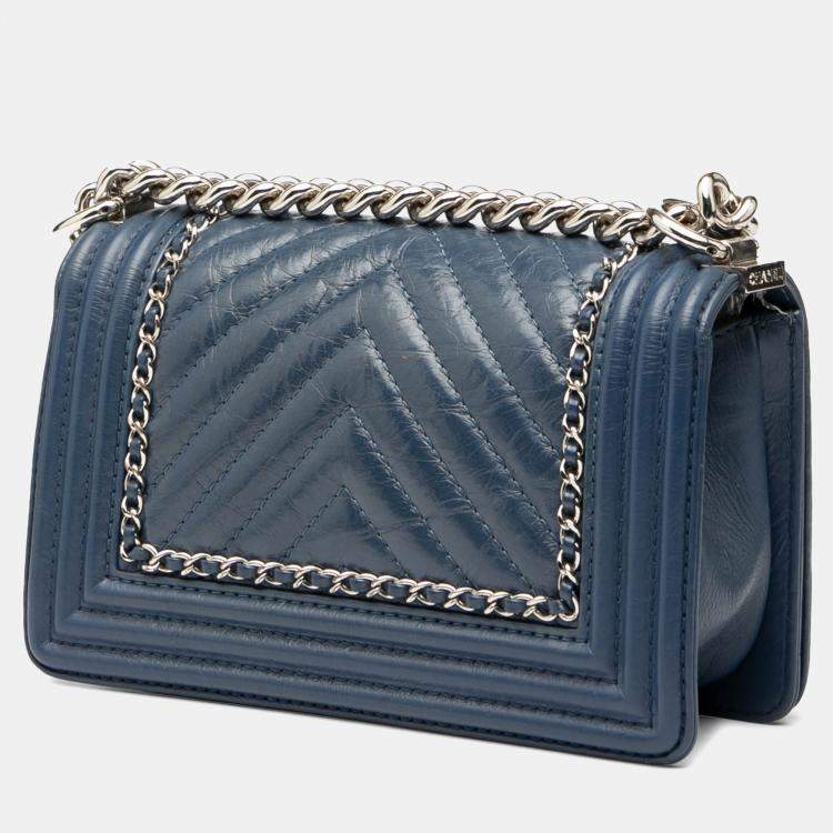 Pre Owned Chanel Navy Blue Small Chevron Aged Calfskin Jacket Boy Flap