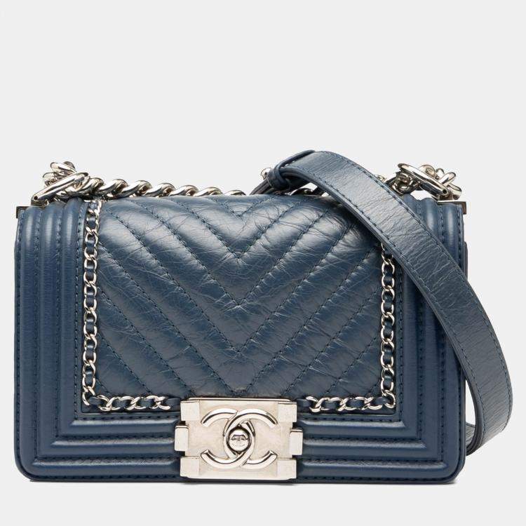 Pre Owned Chanel Navy Blue Small Chevron Aged Calfskin Jacket Boy Flap