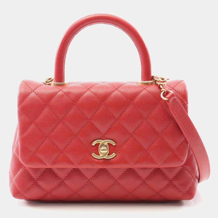 Pre Owned Chanel Matelasse Coco Handle Flap Red Calfskin Handbag 