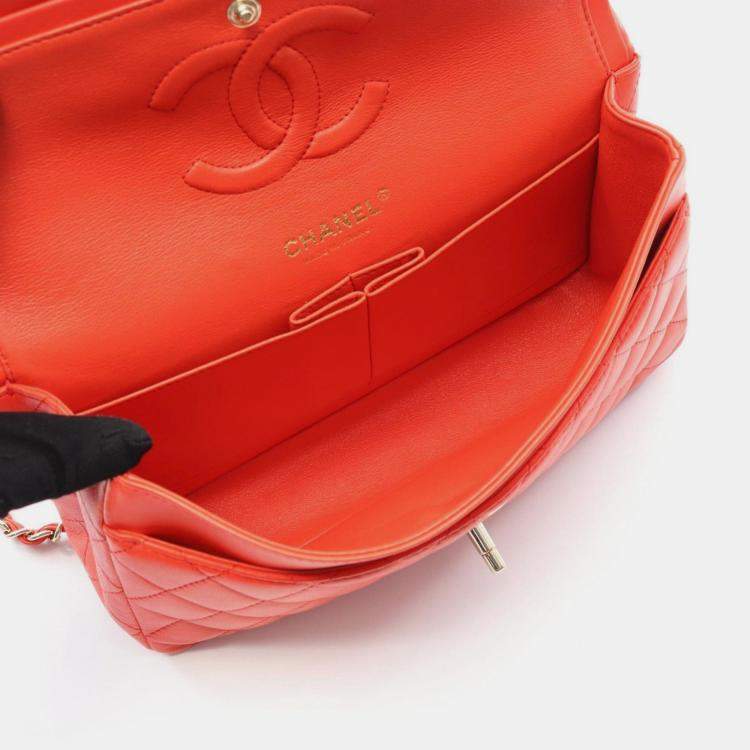 Pre Owned Chanel Matelasse Double Flap Shoulder Bag In Lambskin Leather Red