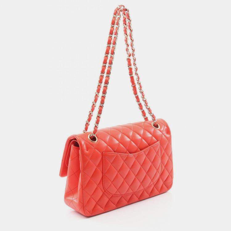 Pre Owned Chanel Matelasse Double Flap Shoulder Bag In Lambskin Leather Red