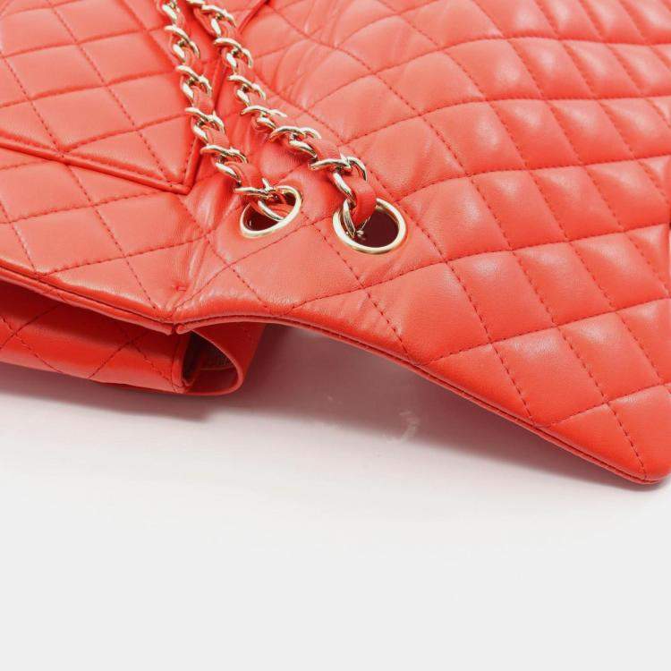 Pre Owned Chanel Matelasse Double Flap Shoulder Bag In Lambskin Leather Red
