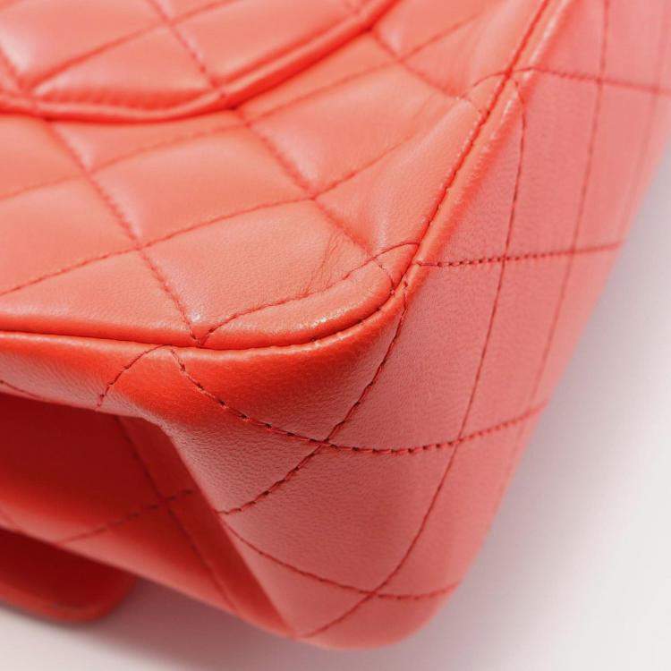 Pre Owned Chanel Matelasse Double Flap Shoulder Bag In Lambskin Leather Red