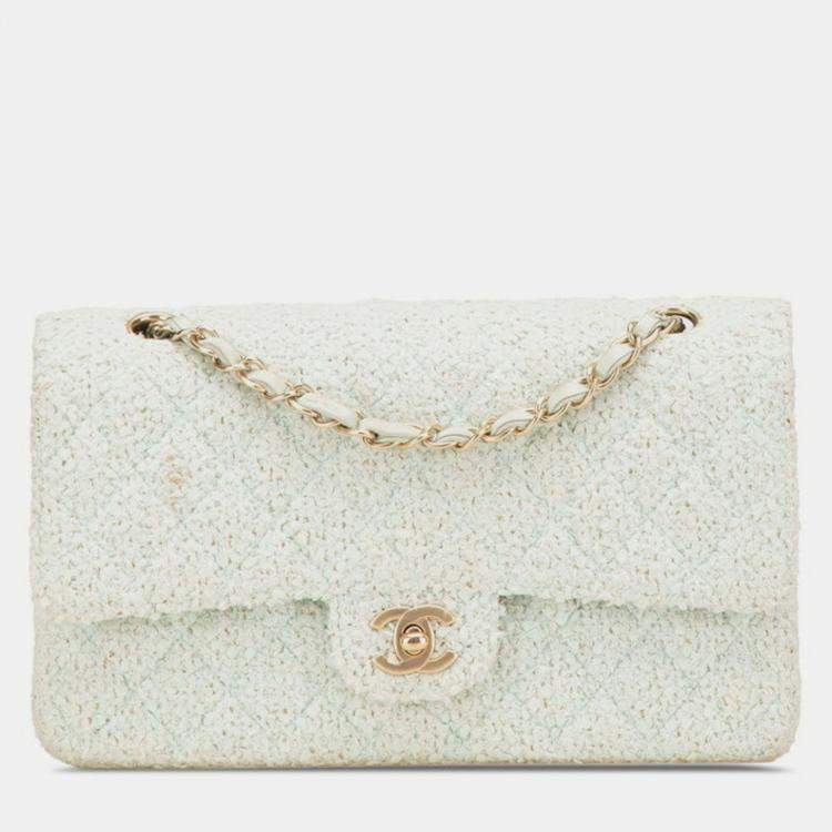 Pre Owned Chanel Matelasse 25 Coco Mark Double Flap Chain Shoulder Bag In Green Mint Tweed And Leather