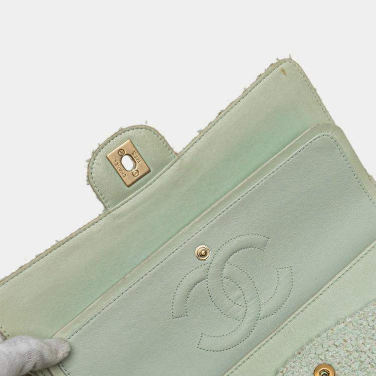 Pre Owned Chanel Matelasse 25 Coco Mark Double Flap Chain Shoulder Bag In Green Mint Tweed And Leather
