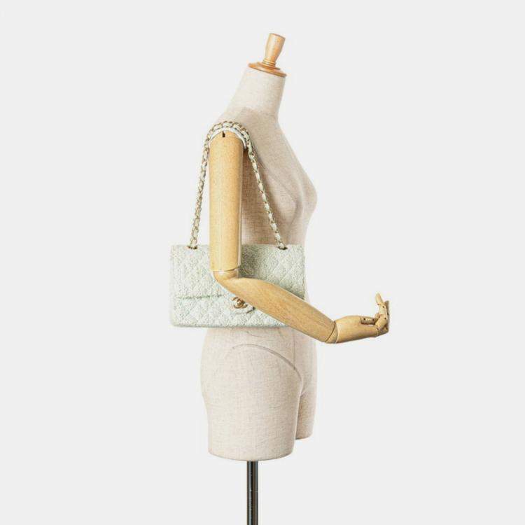 Pre Owned Chanel Matelasse 25 Coco Mark Double Flap Chain Shoulder Bag In Green Mint Tweed And Leather