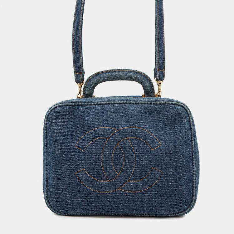 Pre Owned Chanel Handbag Coco Mark Blue Denim Vanity Bag