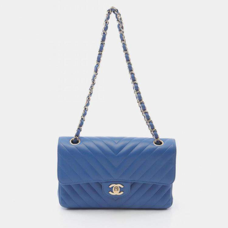 Pre Owned Chanel Chevron V-Stitch W-Flap Shoulder Bag Lambskin (Sheepskin) Blue