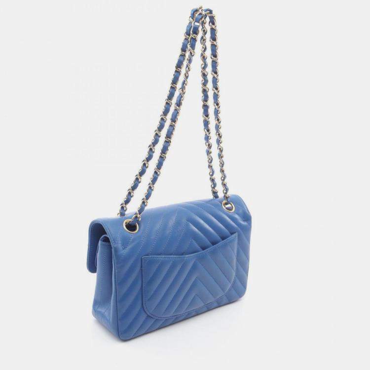 Pre Owned Chanel Chevron V-Stitch W-Flap Shoulder Bag Lambskin (Sheepskin) Blue