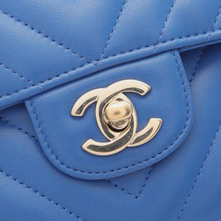 Pre Owned Chanel Chevron V-Stitch W-Flap Shoulder Bag Lambskin (Sheepskin) Blue