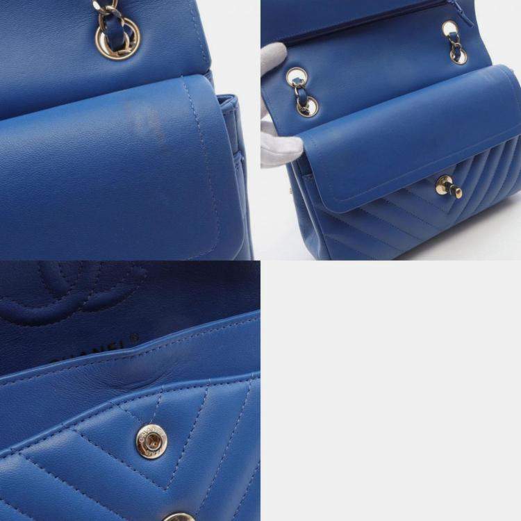 Pre Owned Chanel Chevron V-Stitch W-Flap Shoulder Bag Lambskin (Sheepskin) Blue