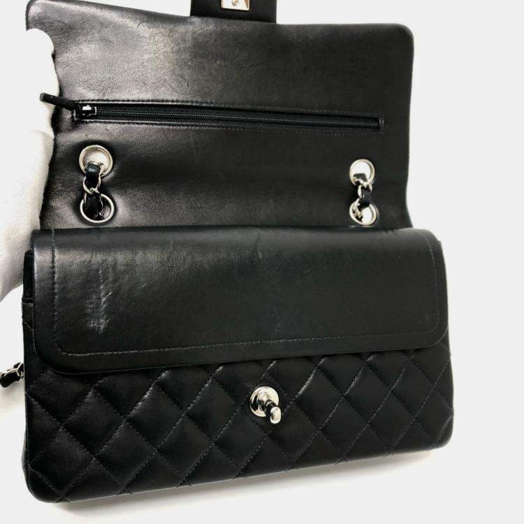 مملوكة مسبقًا Chanel Matelasse 25 Double Chain Flap Shoulder Bag Lambskin Silver Hardware Black