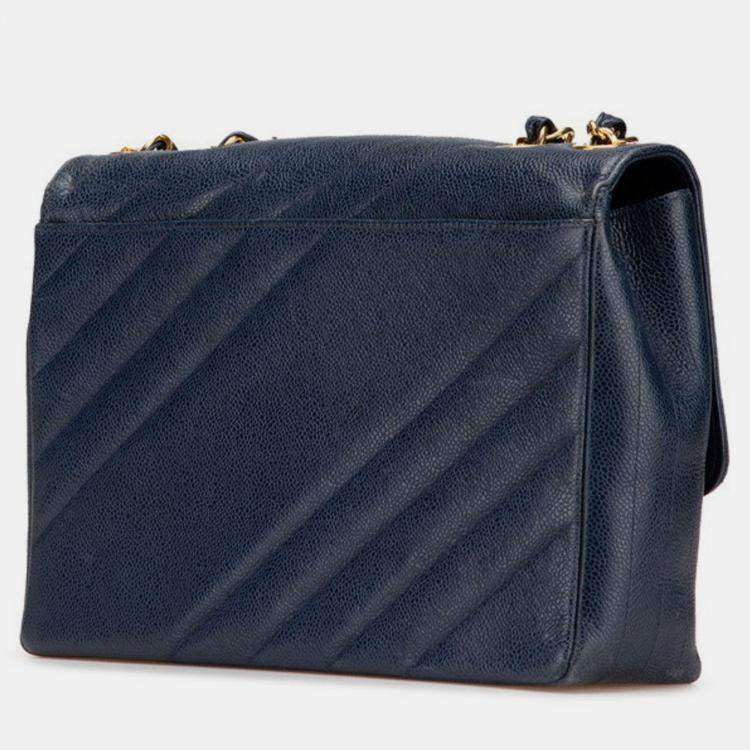 مملوكة مسبقًا Chanel Coco Mark Bias Stitch Chain Shoulder Bag In Navy Caviar Leather