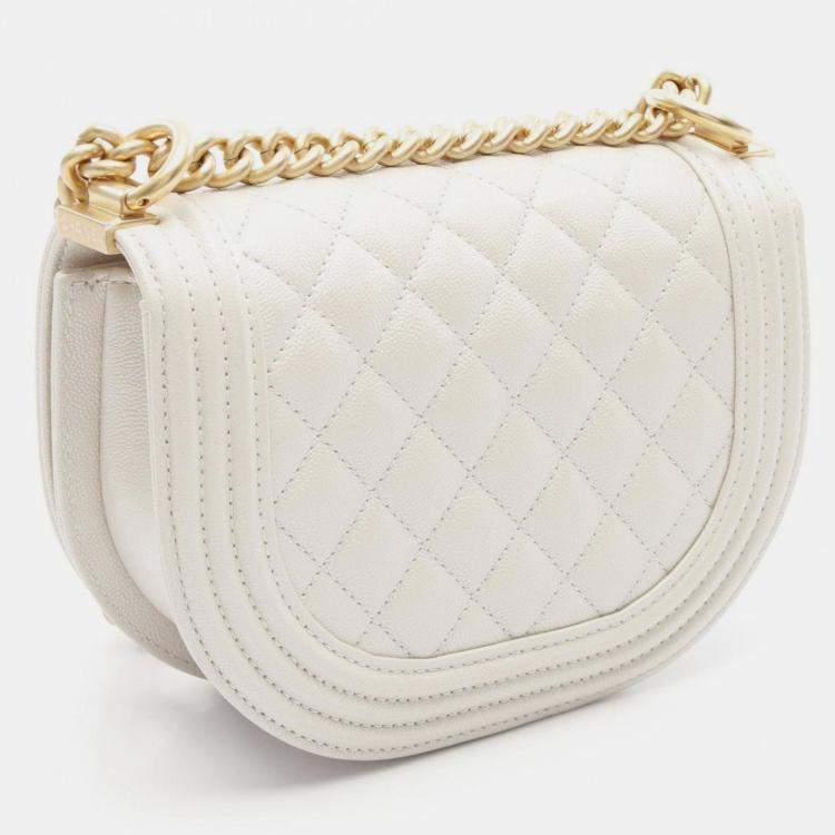 Pre Owned Chanel Boy Chanel Small Shoulder Bag Leather Grained Calfskin White
