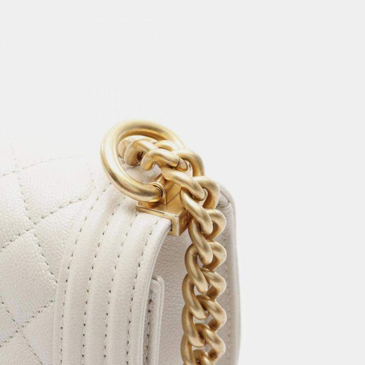 Pre Owned Chanel Boy Chanel Small Shoulder Bag Leather Grained Calfskin White