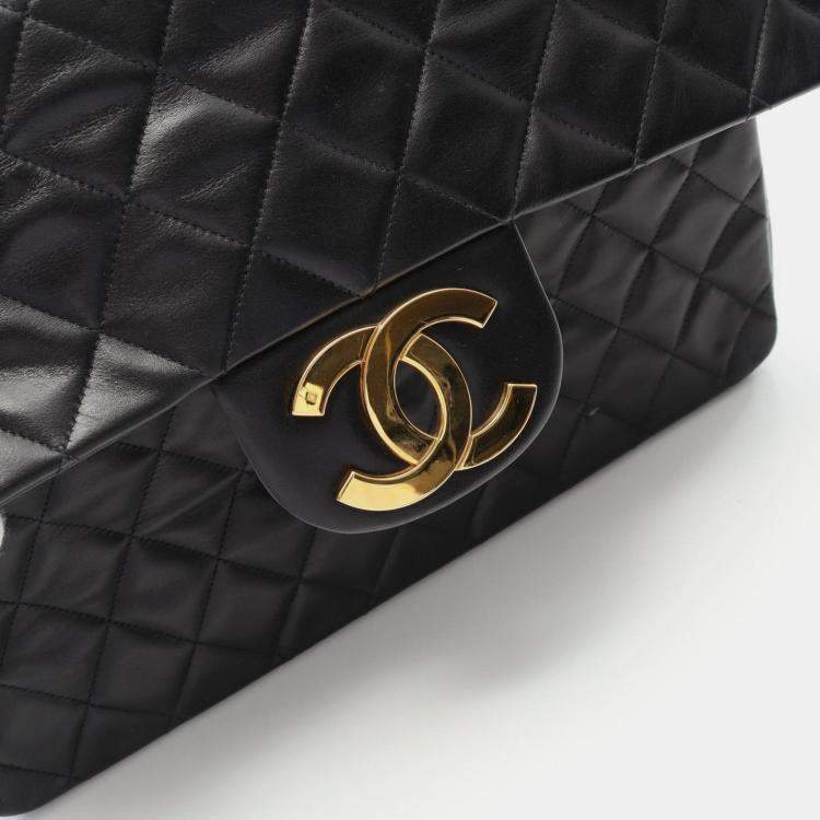 Pre Owned Chanel Deca Matelasse 34 Shoulder Bag Lambskin (Sheepskin) Black