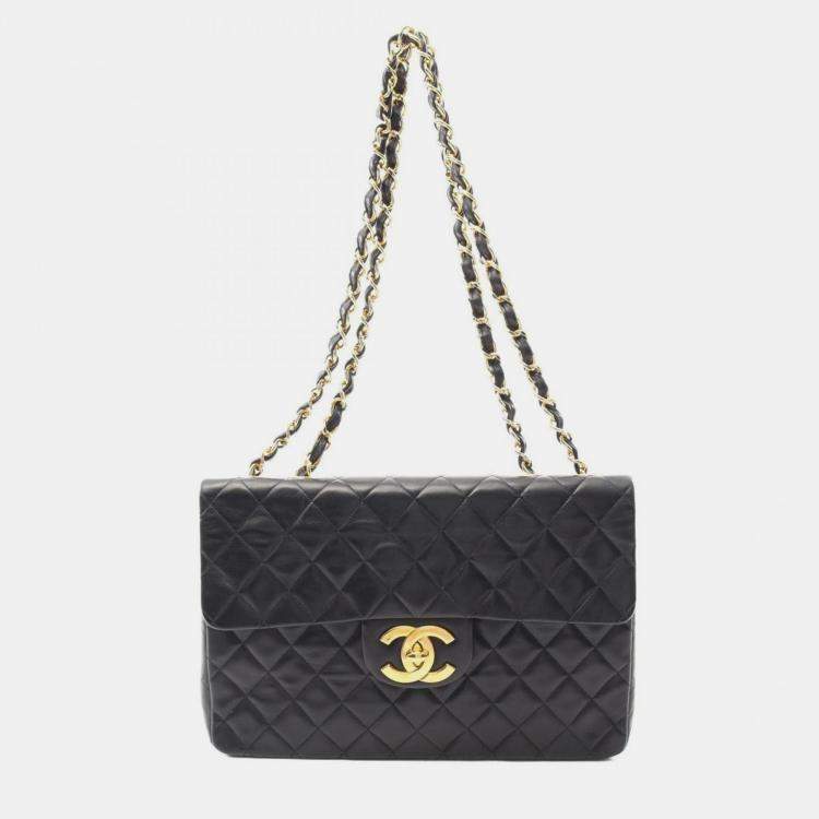 Pre Owned Chanel Deca Matelasse 34 Shoulder Bag Lambskin (Sheepskin) Black