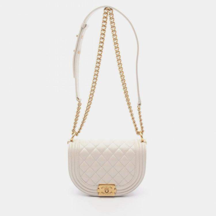 Pre Owned Chanel Boy Chanel Small Shoulder Bag In Grained Calfskin Caviar Leather (White)