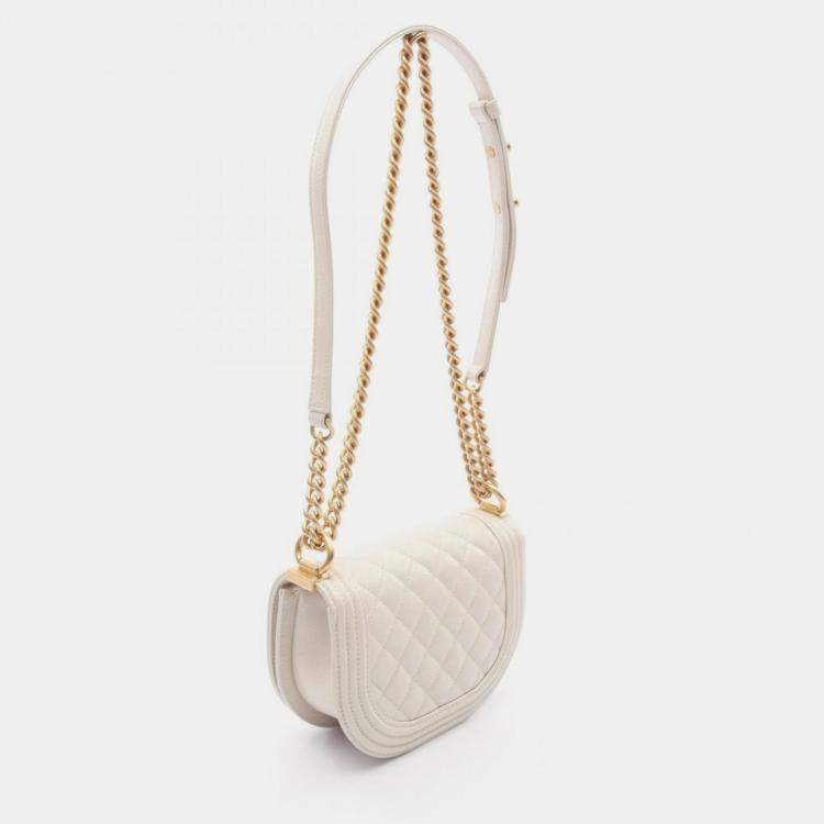 Pre Owned Chanel Boy Chanel Small Shoulder Bag In Grained Calfskin Caviar Leather (White)