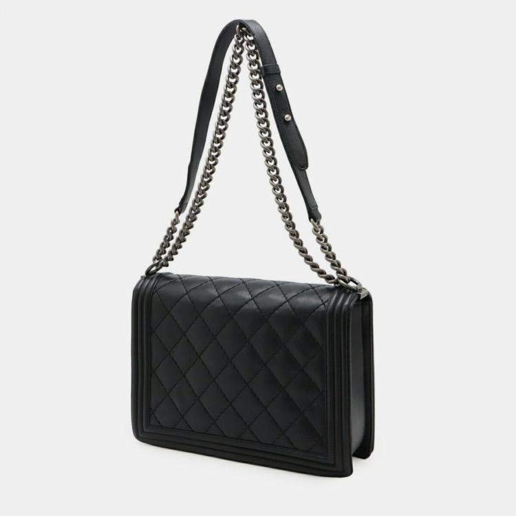 Pre Owned Chanel Boy Chanel 30 Large Matelasse Coco Mark Chain Bag Shoulder Calfskin Black