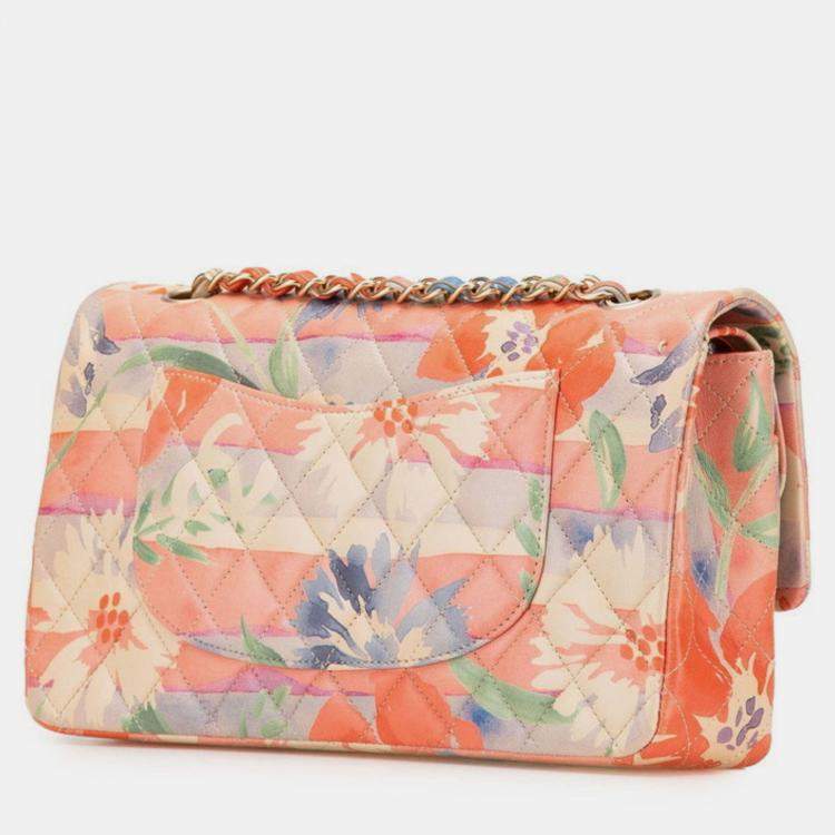 Pre Owned Chanel Matelasse 25 Double Flap Coco Mark Flower Chain Shoulder Bag In Pink Multicolored Lambskin