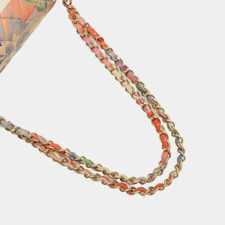 Pre Owned Chanel Matelasse 25 Double Flap Coco Mark Flower Chain Shoulder Bag In Pink Multicolored Lambskin