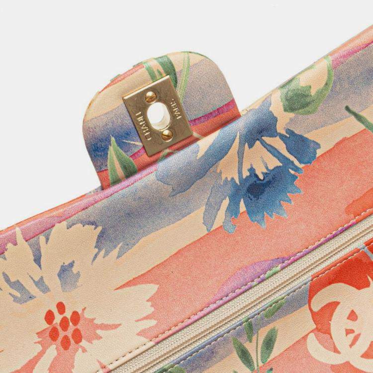 Pre Owned Chanel Matelasse 25 Double Flap Coco Mark Flower Chain Shoulder Bag In Pink Multicolored Lambskin