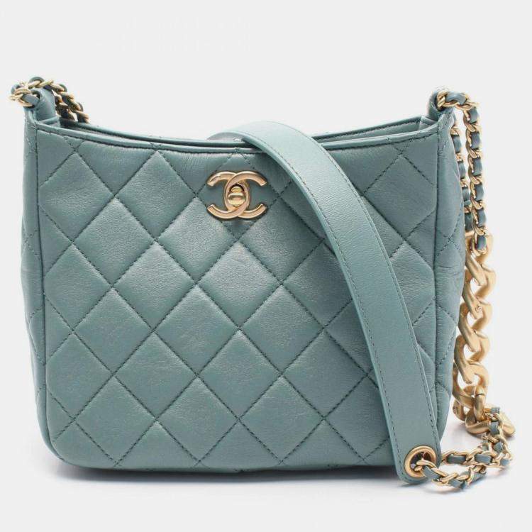 Pre Owned Chanel Matelasse Small Hobo Bag Shoulder Leather Green