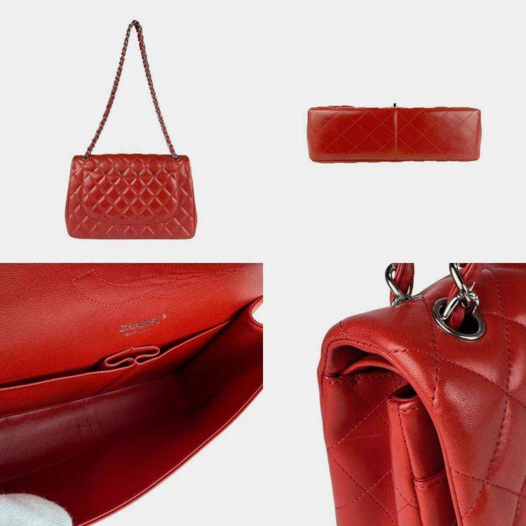 Pre Owned Chanel Matelasse Shoulder Bag With Double Flap Leather And Metallic Finish Red Silver