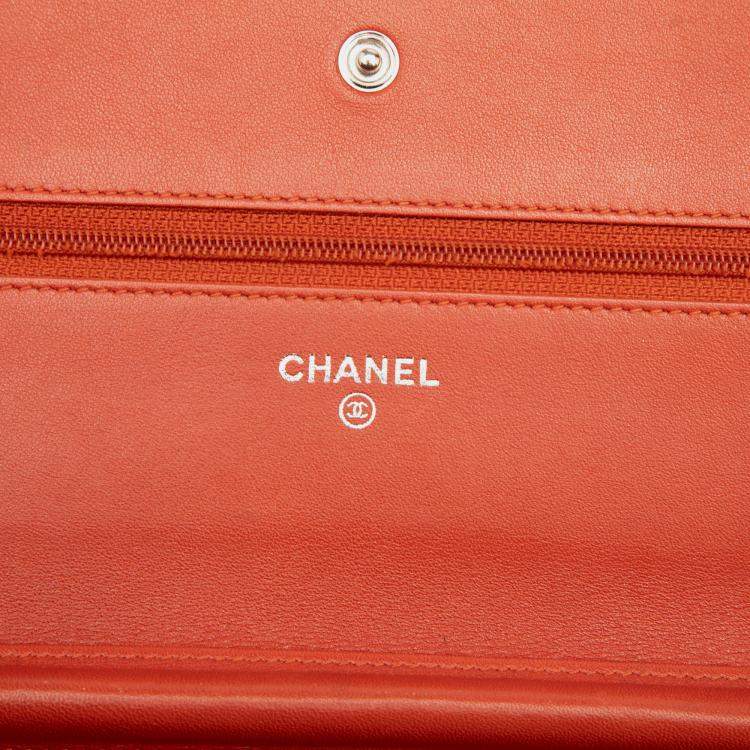 Pre Owned Chanel Orange CC Caviar Wallet On Chain