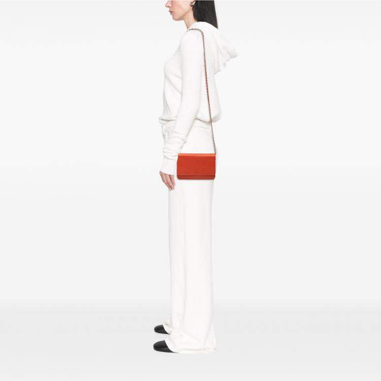 Pre Owned Chanel Orange CC Caviar Wallet On Chain