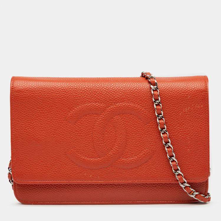 Pre Owned Chanel Orange CC Caviar Wallet On Chain