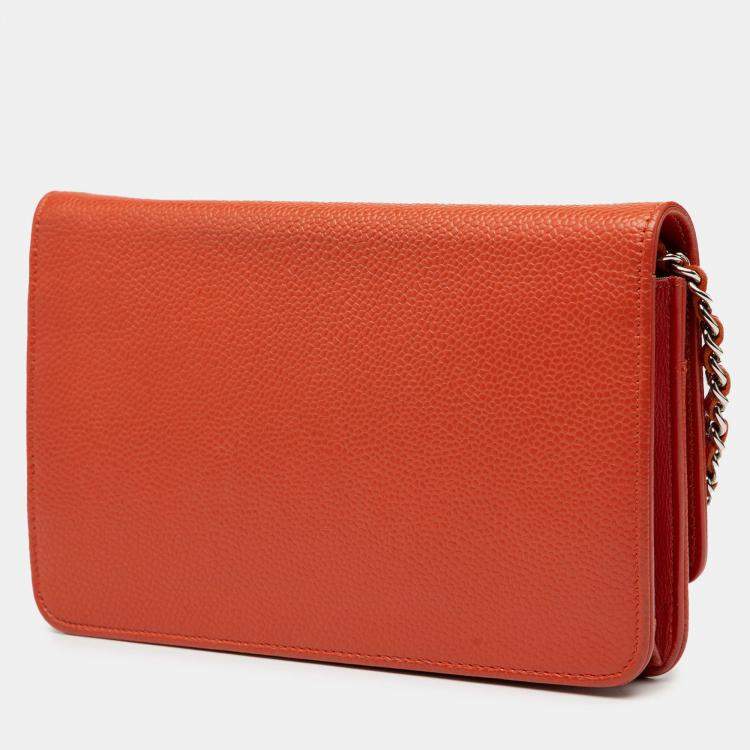 Pre Owned Chanel Orange CC Caviar Wallet On Chain