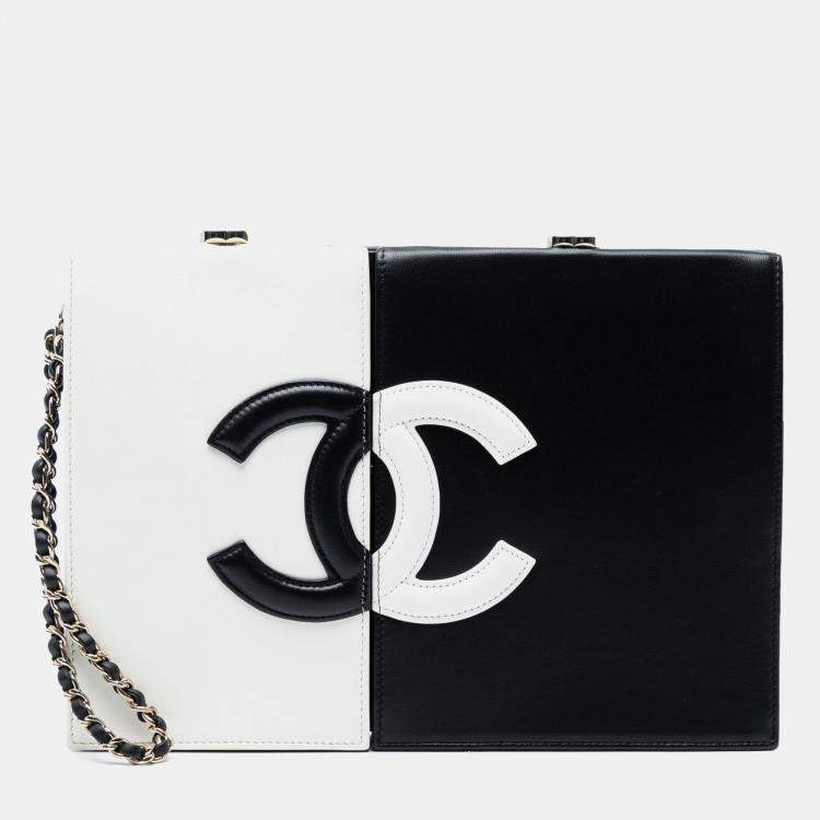 Pre Owned Chanel Black White CC Lambskin Split Clutch with Chain