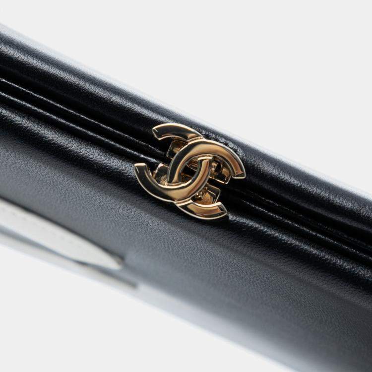 Pre Owned Chanel Black White CC Lambskin Split Clutch with Chain