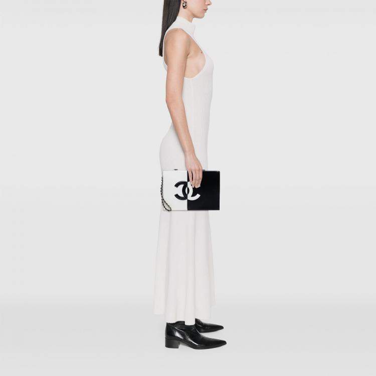 Pre Owned Chanel Black White CC Lambskin Split Clutch with Chain
