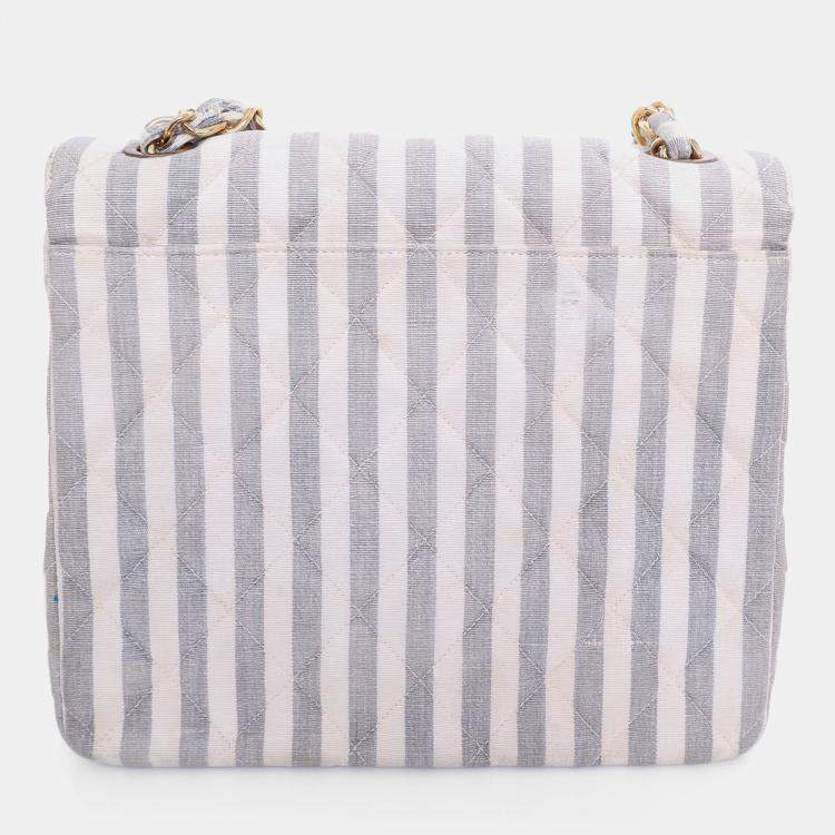 Pre Owned Chanel 1994-96 Grey/White Striped Chain Shoulder Bag