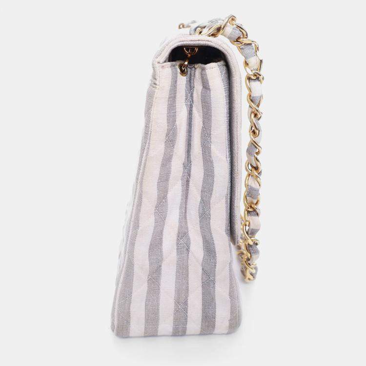 Pre Owned Chanel 1994-96 Grey/White Striped Chain Shoulder Bag